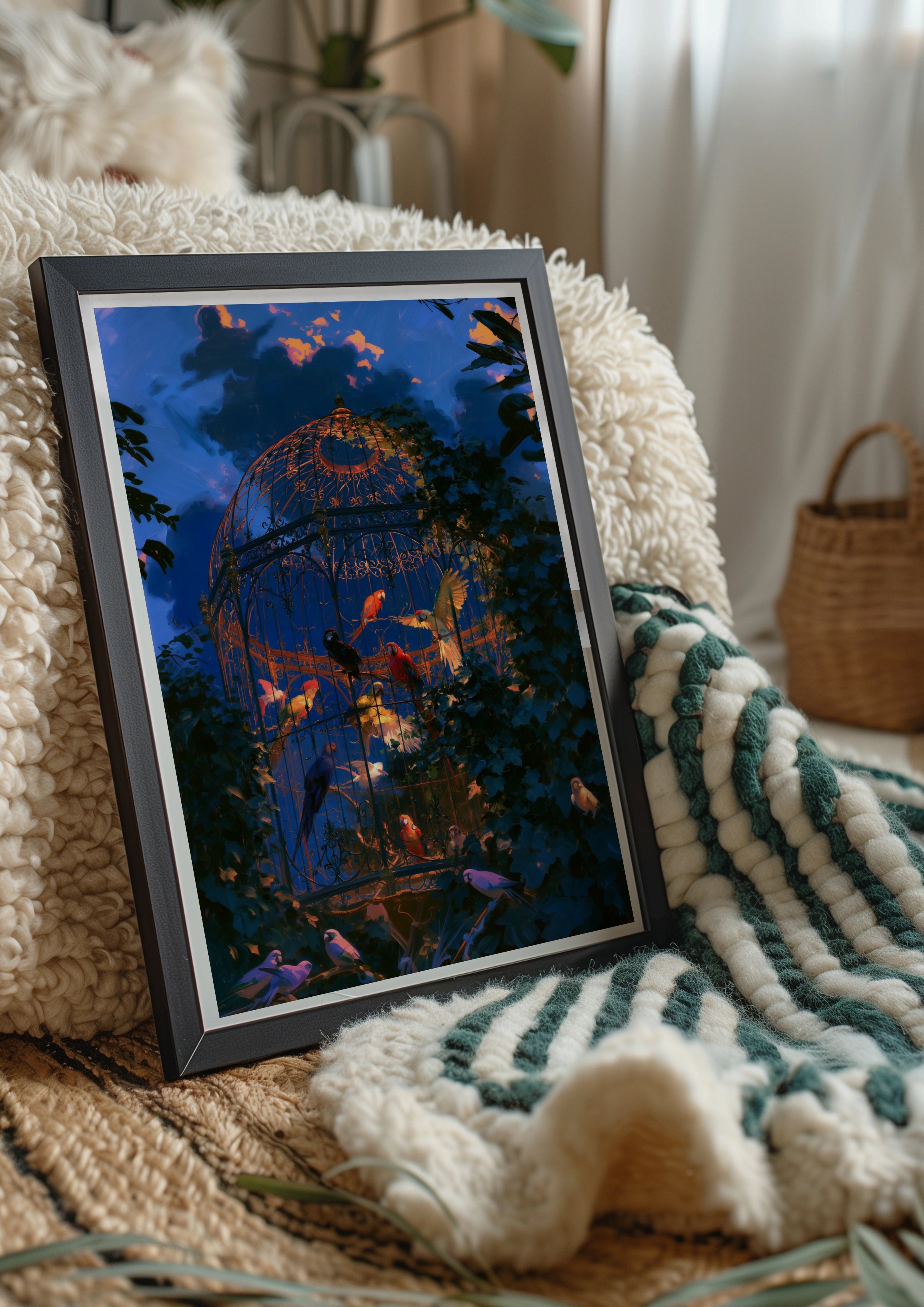 Aviary Parrots Poster, Ornate Birdcage Art Print, Dramatic Twilight Sky