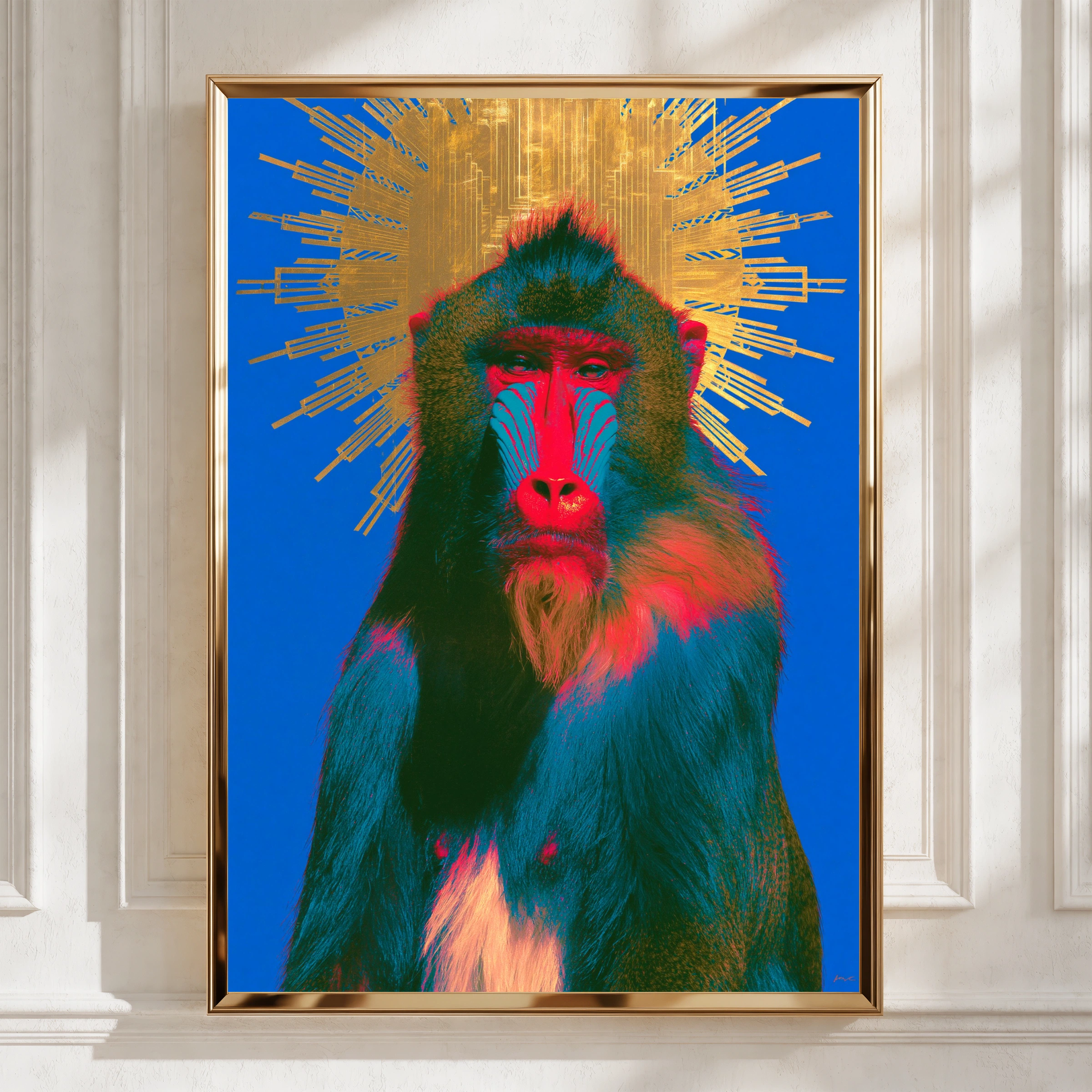 Baboon Sun Halo Poster, Bold Blue Gold Mandrill Wall Art, Pop Art Print