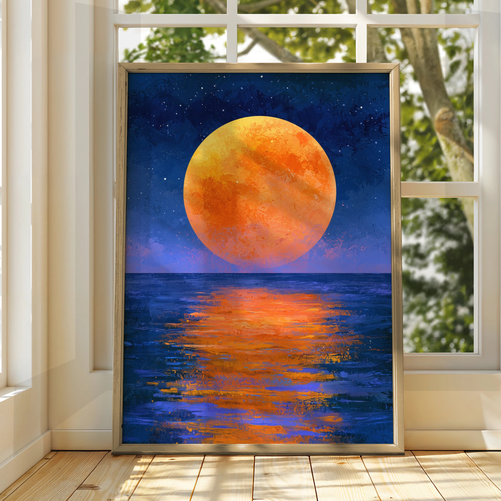Orange Full Moon Over Ocean Wall Art Poster, Night Sky Print, Painterly Style
