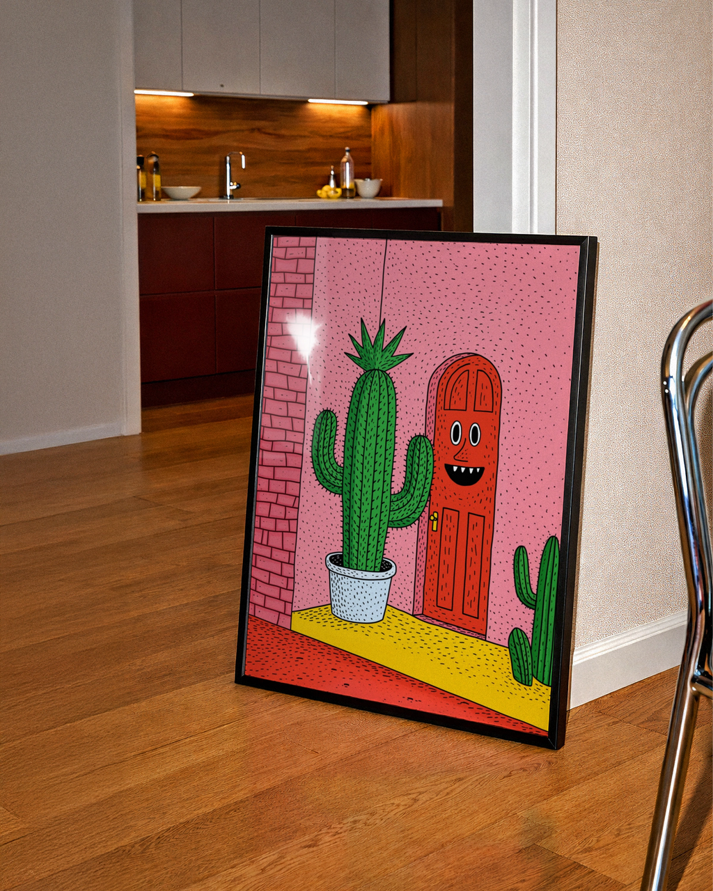 Cactus Door Art Print, Quirky Illustrated Poster, Bold Colourful Wall Art