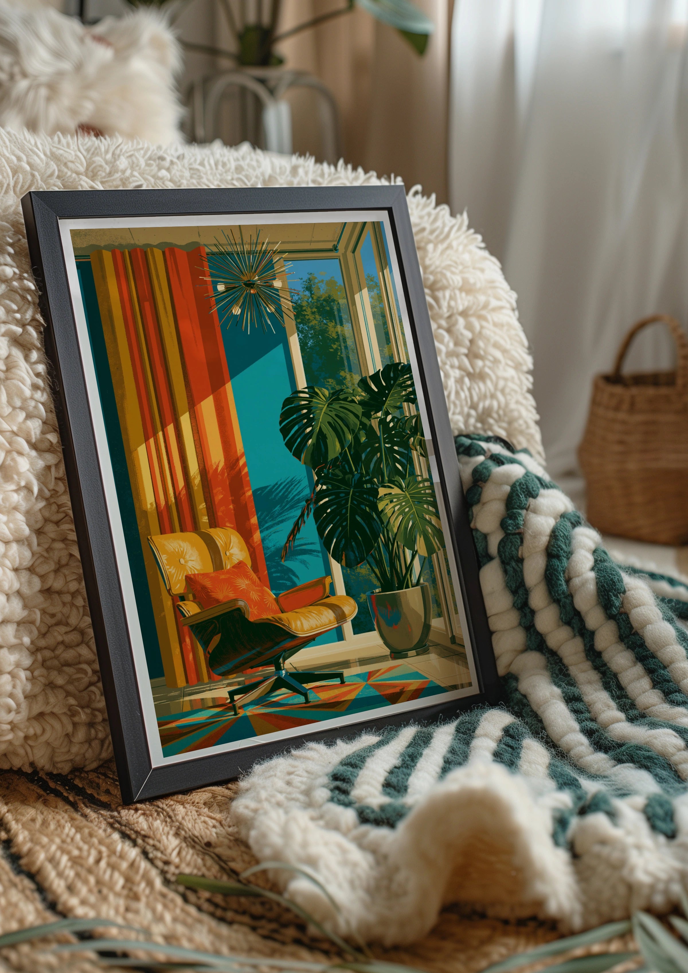 Mid Century Modern Living Room Poster, Retro Lounge Chair, Monstera Plant Print