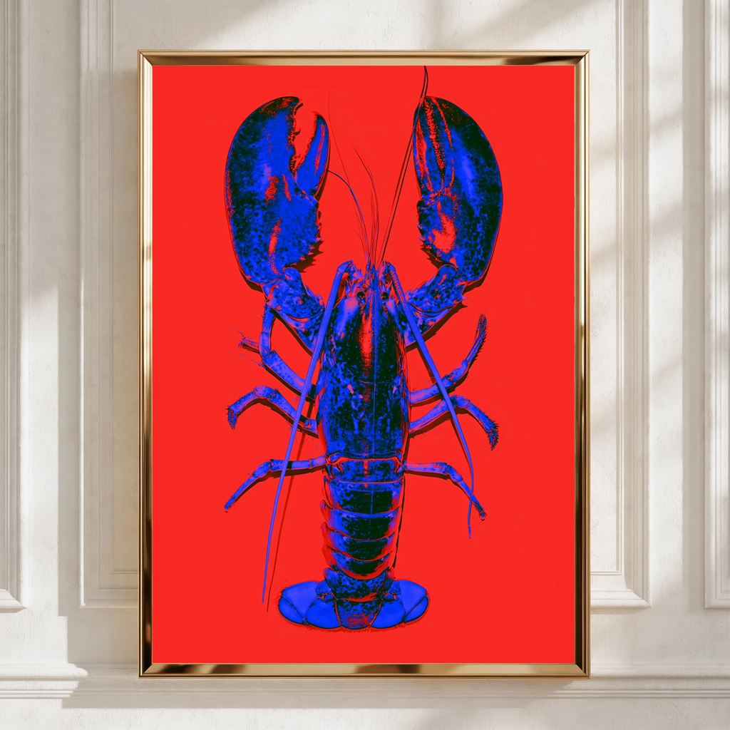Blue Lobster Pop Art Poster, Bold Red Background, Graphic Animal Print