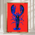 Blue Lobster Pop Art Poster, Bold Red Background, Graphic Animal Print