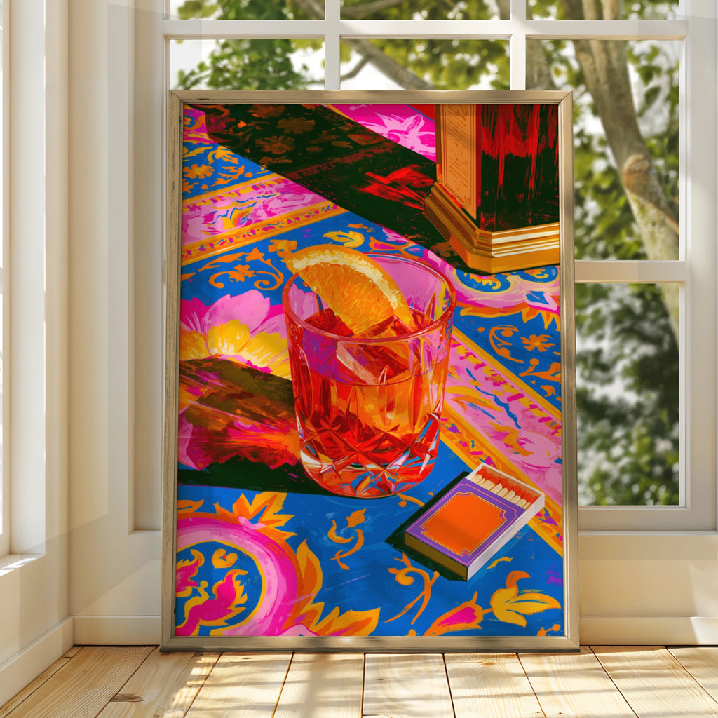 Negroni Cocktail Poster, Vibrant Bar Art Print, Bold Pink Blue Wall Art