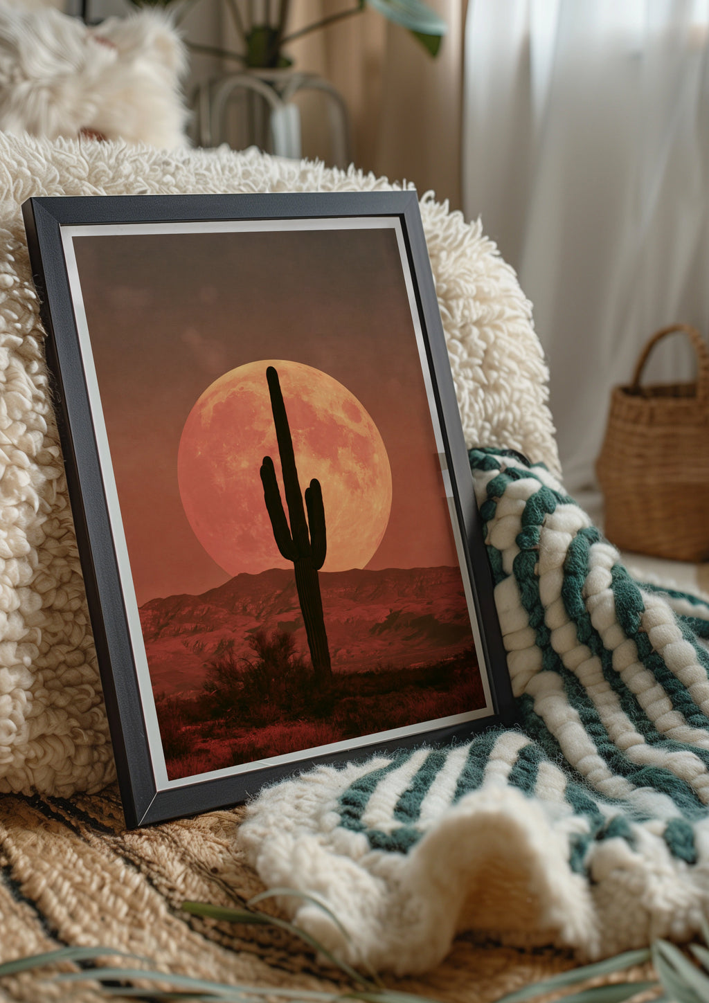 Cactus Boho Sunset Poster, Desert Moon Wall Art, Saguaro Silhouette Print