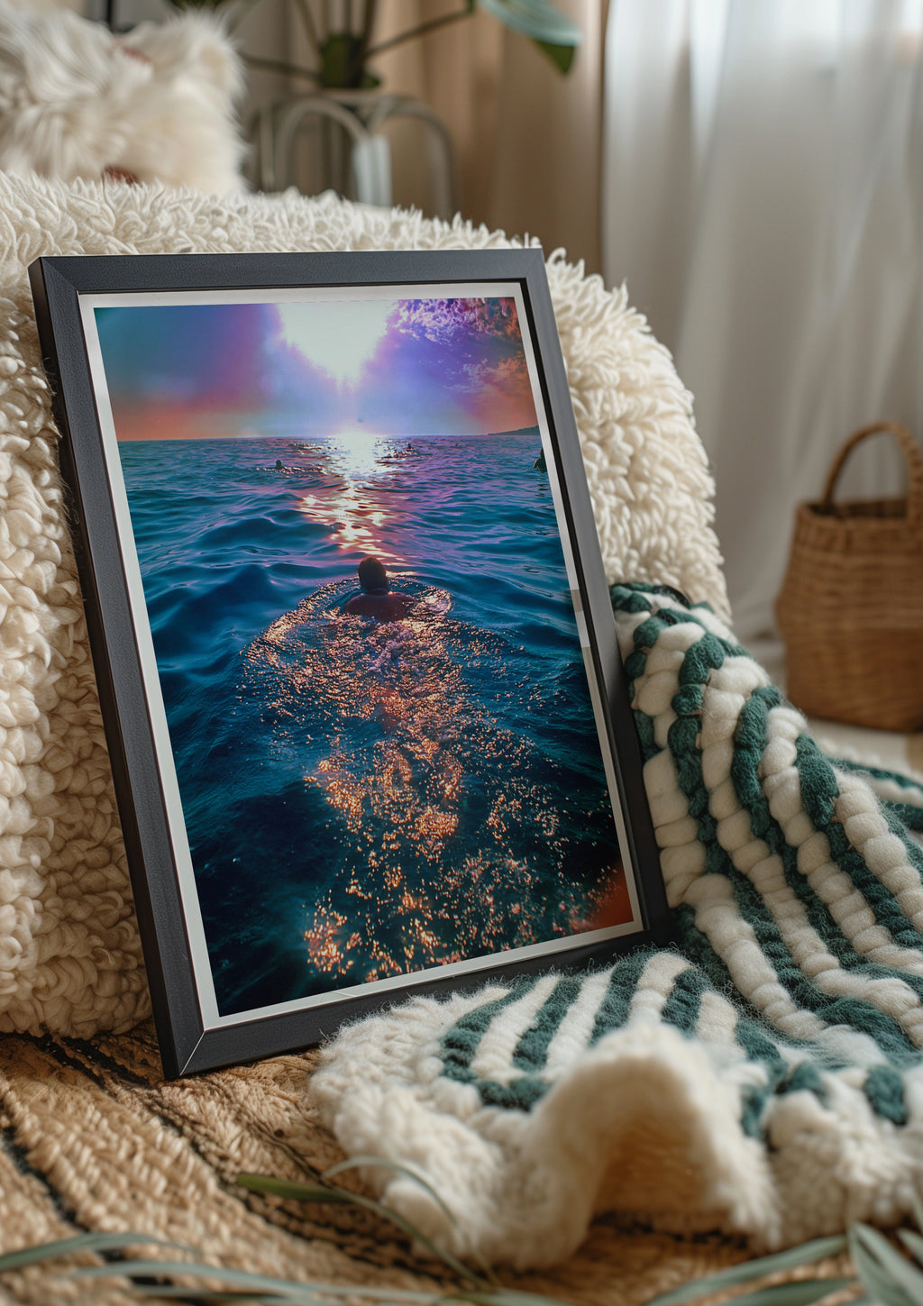 Swimming Man at Sunset Ocean Poster, Sea Swimming Wall Art, Vibrant Blue