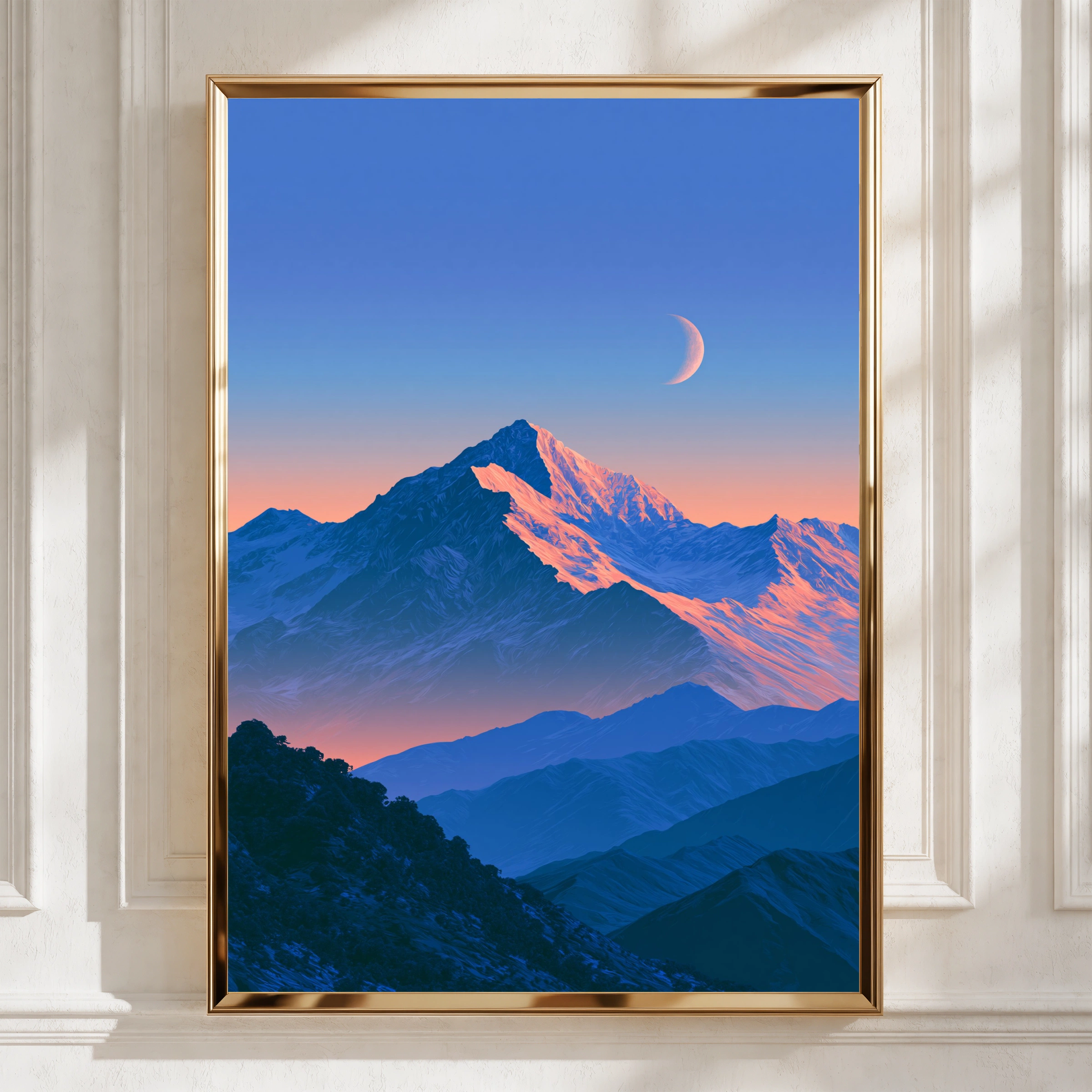 Mountain Moon Blue Poster, Snowy Peak Crescent Moon, Twilight Wall Art Print