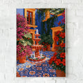 Mexican Courtyard Fountain Wall Art Poster, Colourful Botanical Print