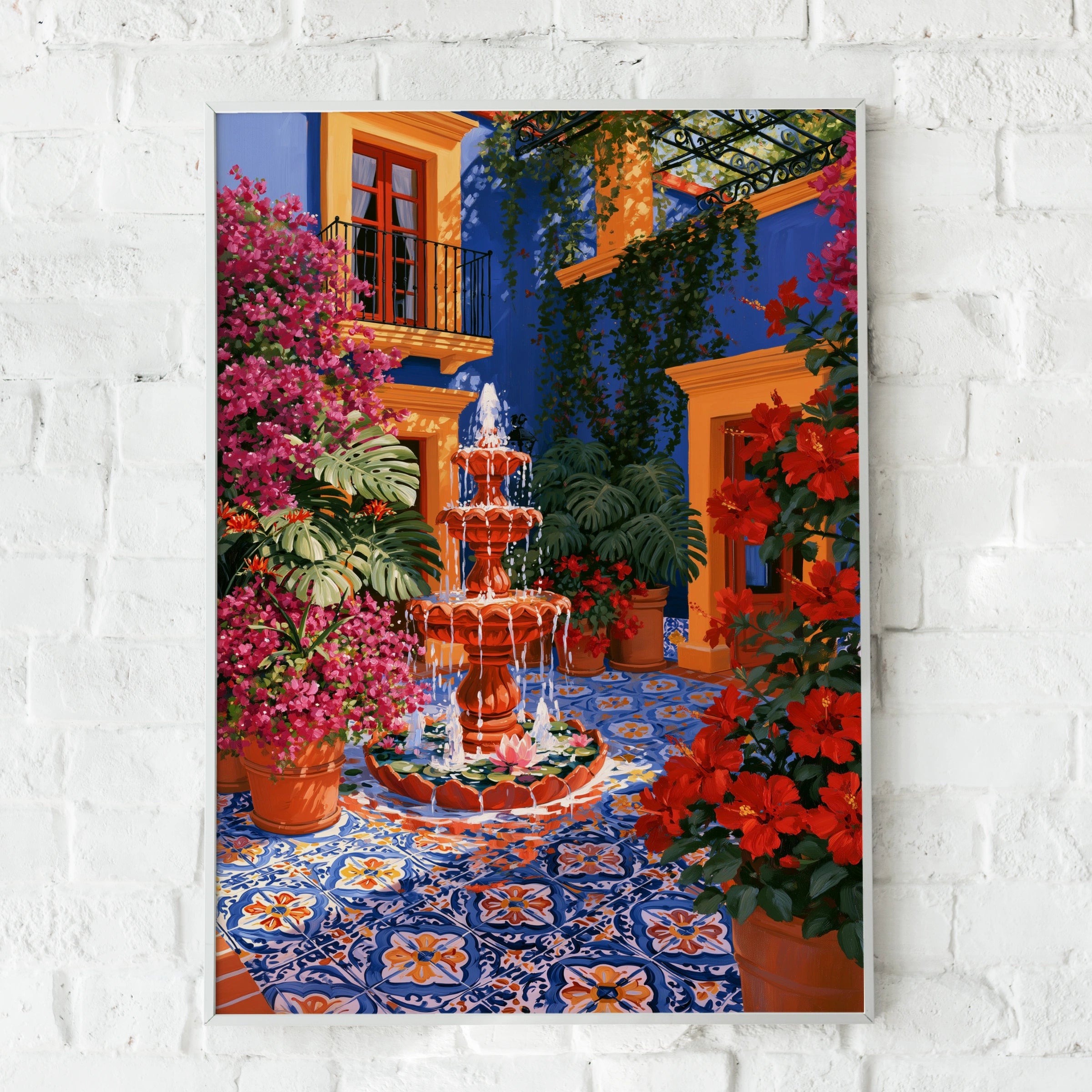 Mexican Courtyard Fountain Wall Art Poster, Colourful Botanical Print