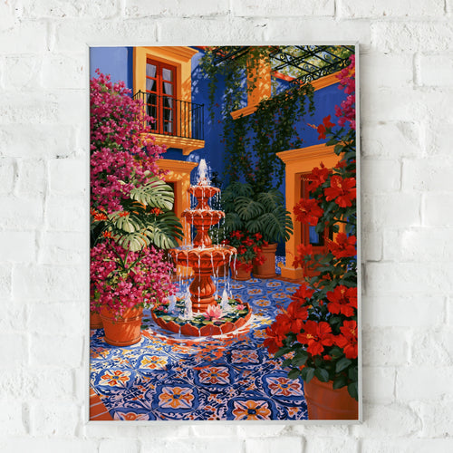 Mexican Courtyard Fountain Wall Art Poster, Colourful Botanical Print