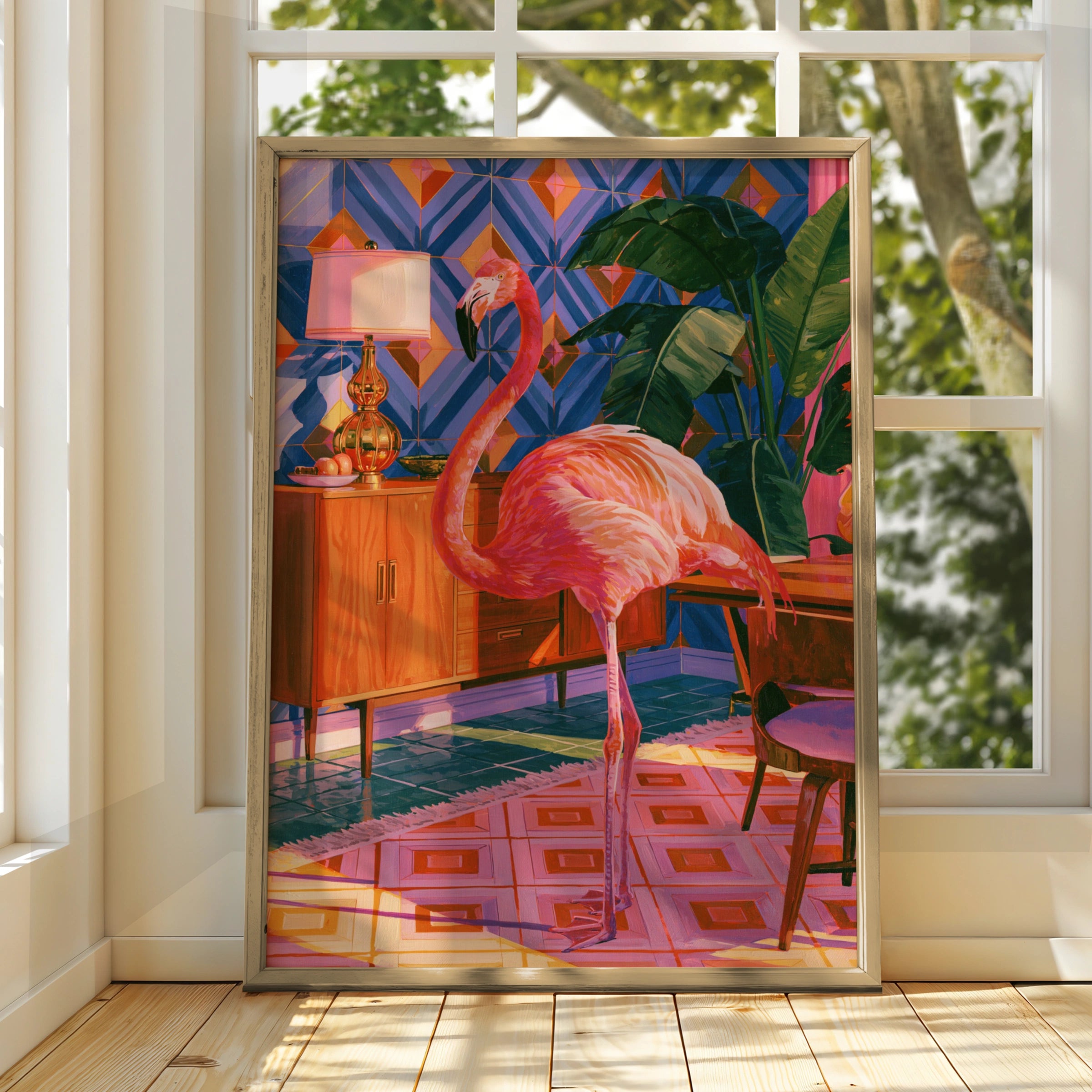 Flamingo Living Room Poster, Mid-Century Interior Wall Art, Tropical Bird Print