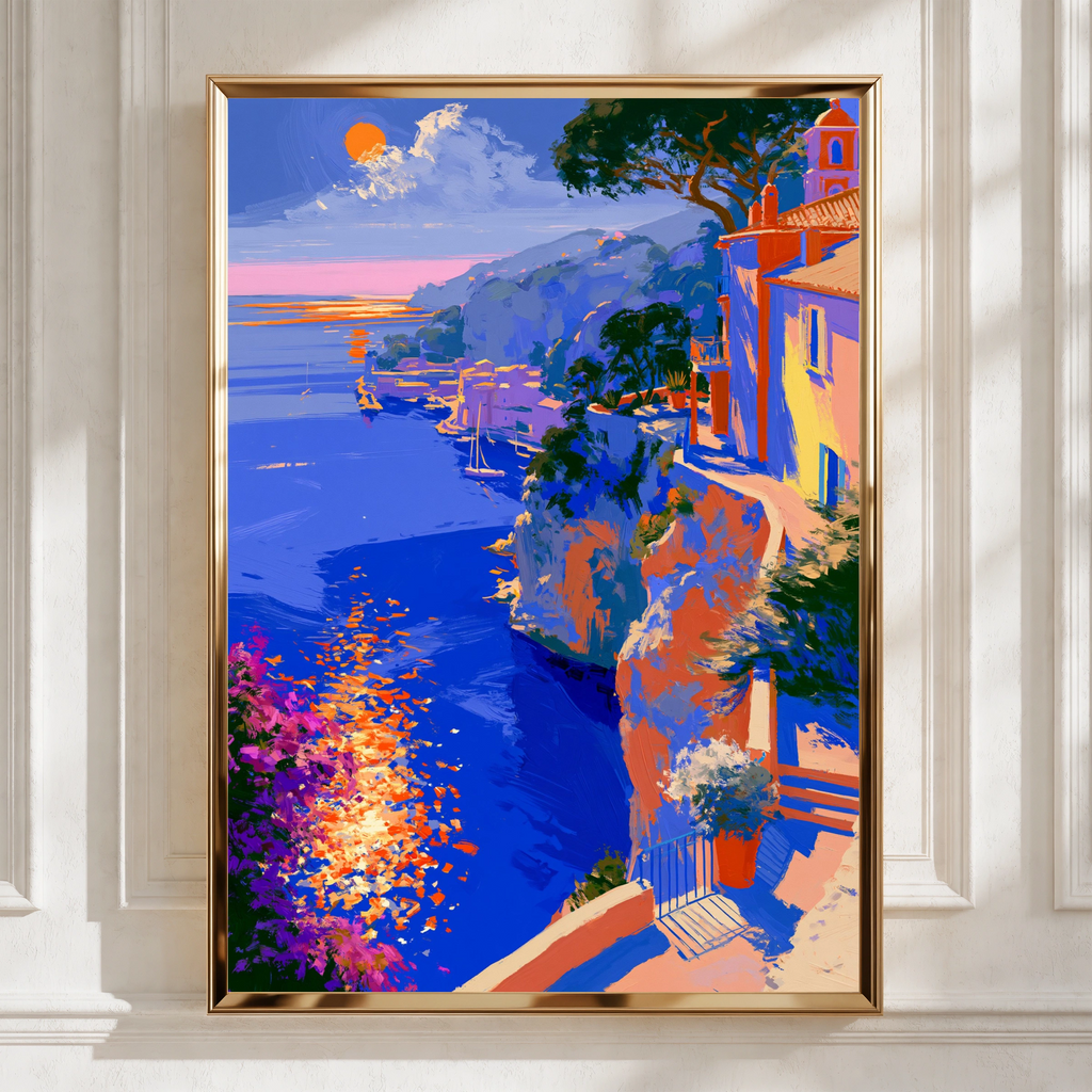 Mediterranean Seaside Sunset Wall Art Poster, Coastal Cliffside Print, Bold Colourful Style