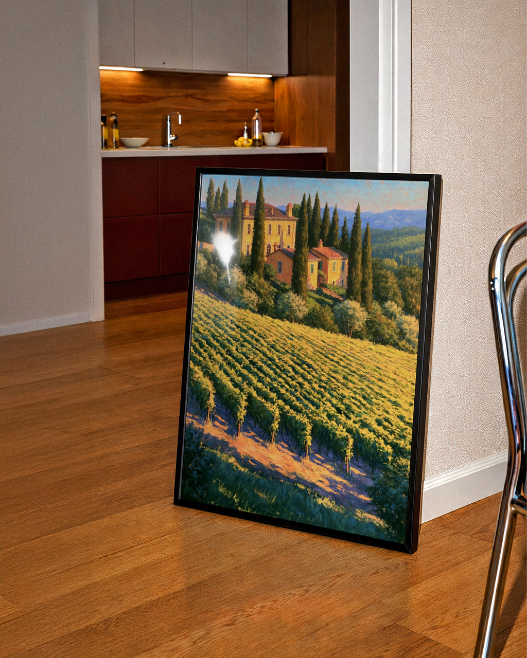 Tuscany Vineyard Poster, Italian Cypress Villa, Oil Painting Style Wall Art
