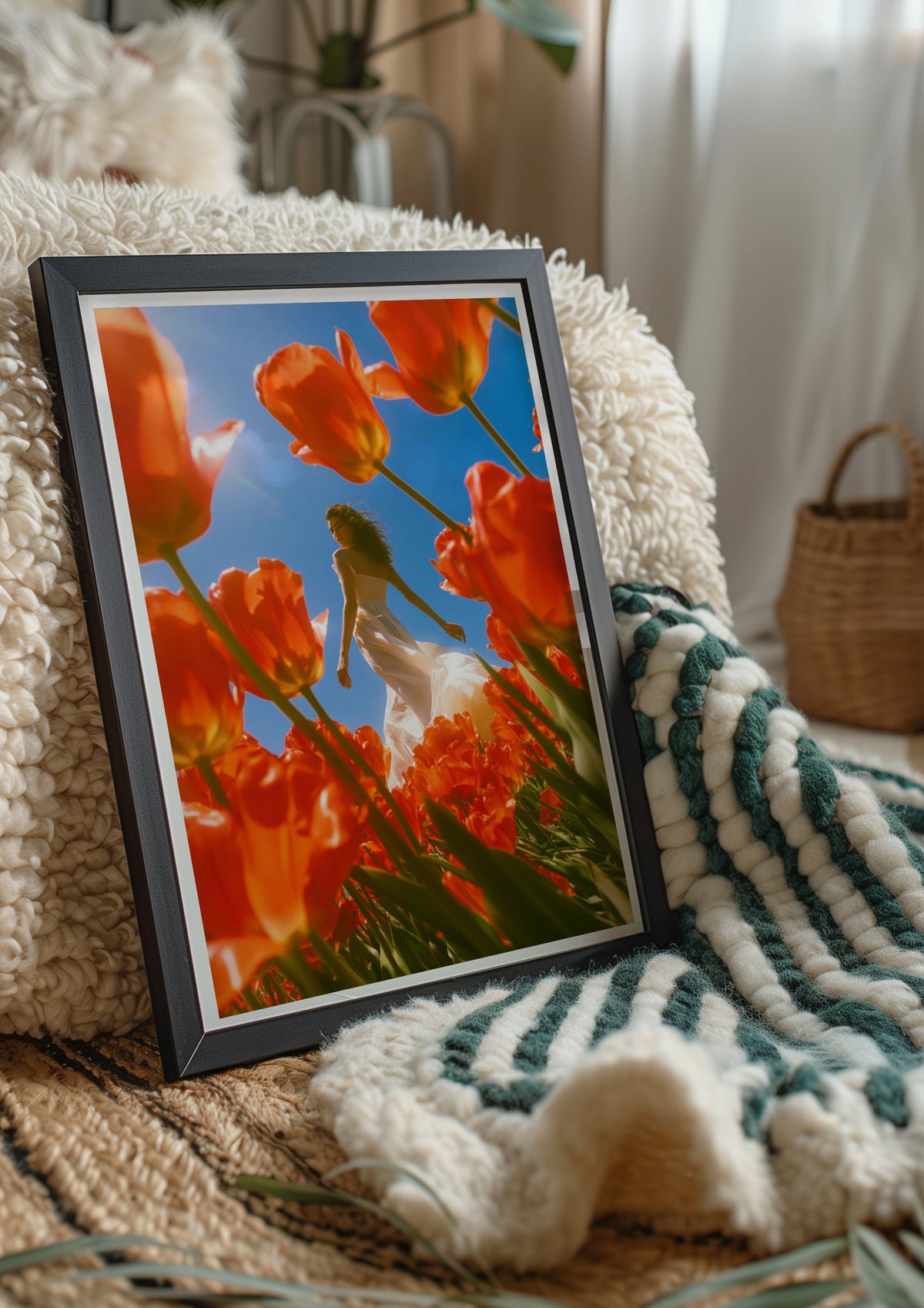 Woman in Tulip Field Poster, Red Flowers Blue Sky, Botanical Art Print
