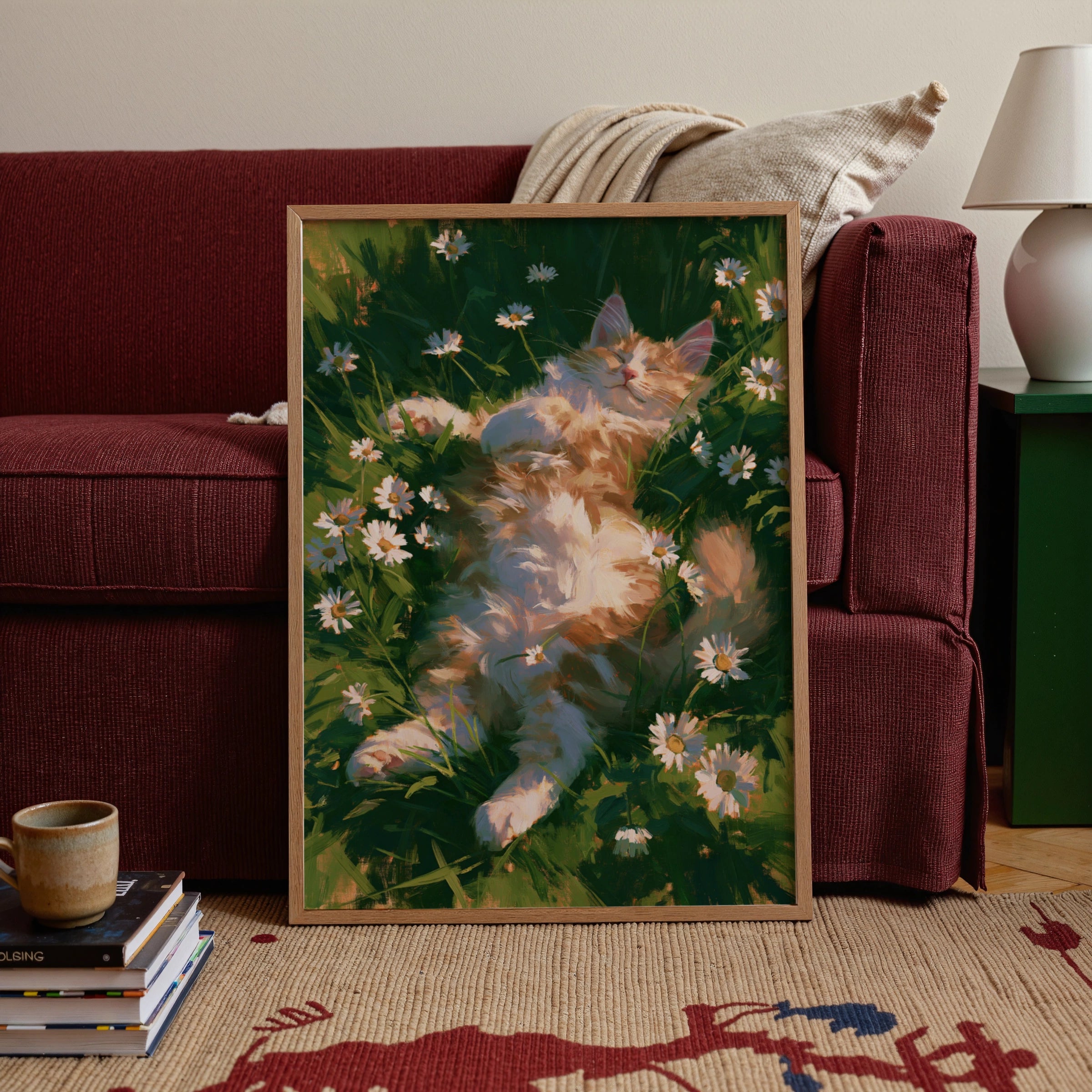 Sleeping Fluffy Cat Daisies Grass Poster, Cosy Painterly Wall Art Print
