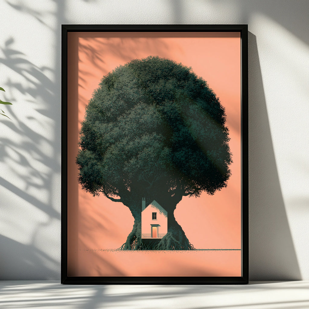 Giant Tree House Poster, Minimalist Nature Art Print, Peach Orange Wall Decor