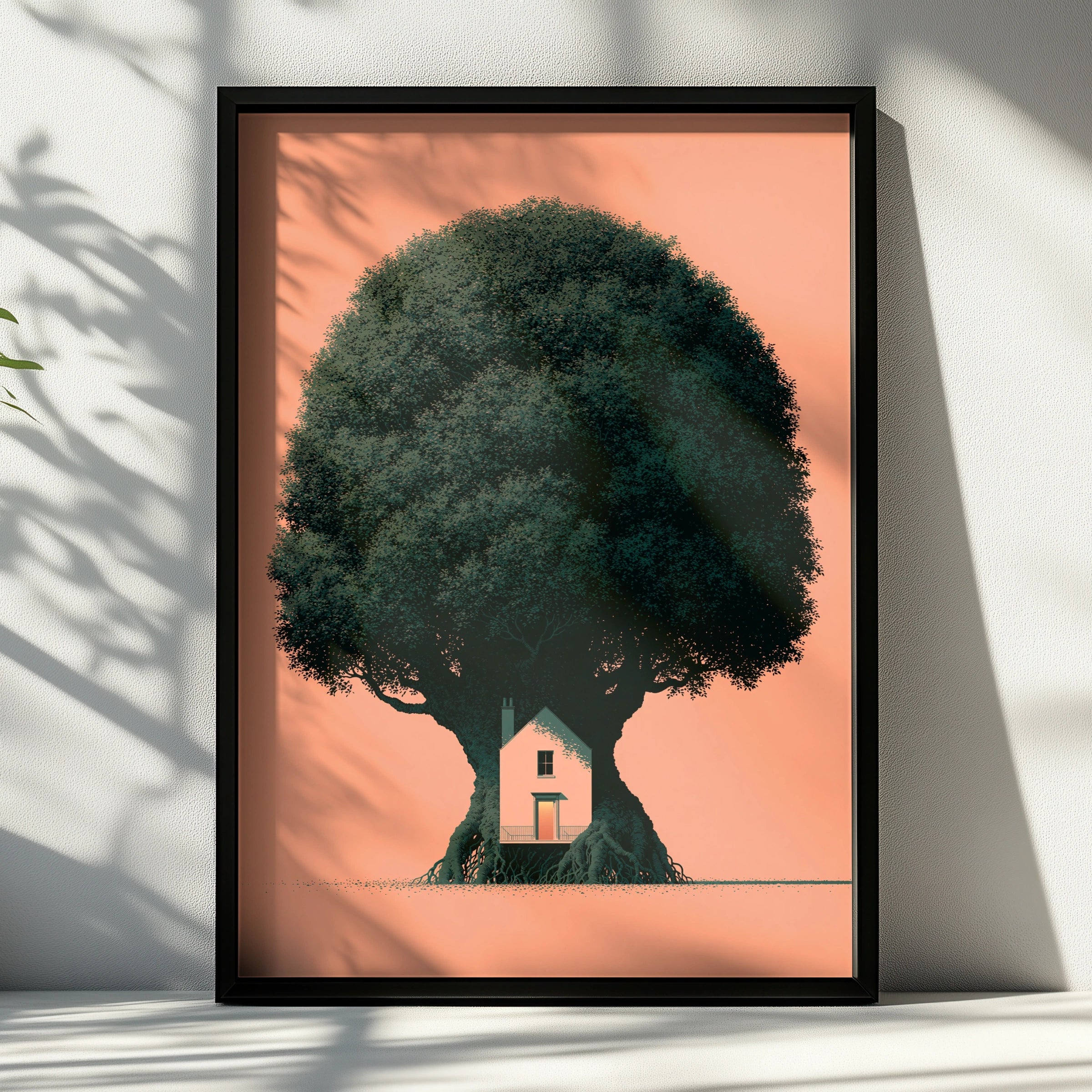 Giant Tree House Poster, Minimalist Nature Art Print, Peach Orange Wall Decor
