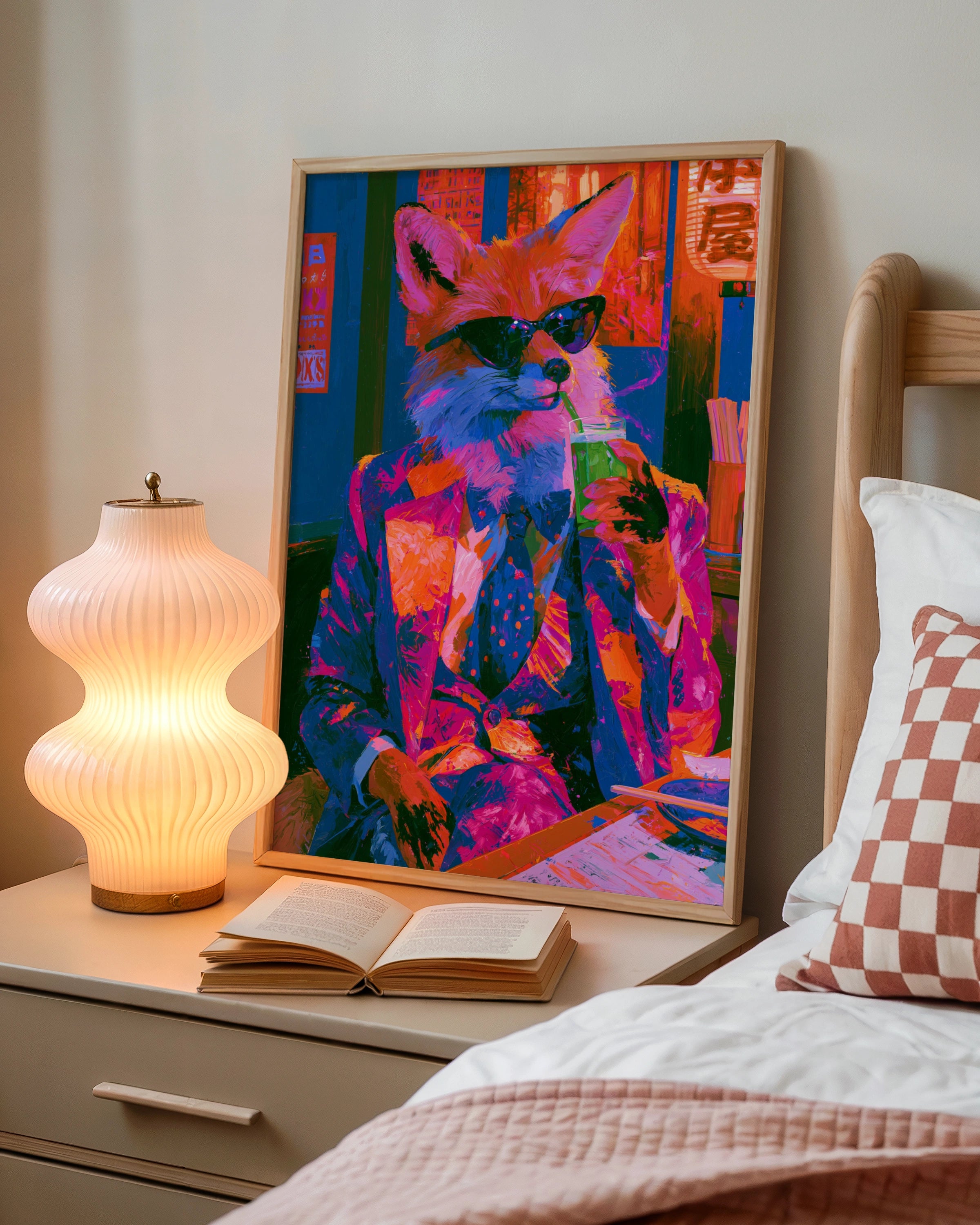 Cool Fox in Japanese Bar Poster, Neon Anthropomorphic Art Print, Bold Colours