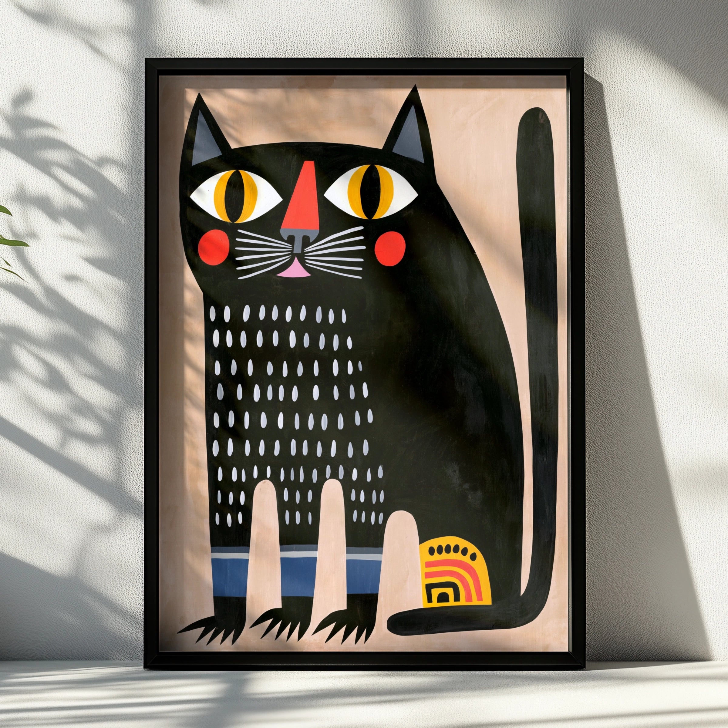 Abstract Black Cat Poster, Bold Folk Art Print, Colourful Modern Wall Art