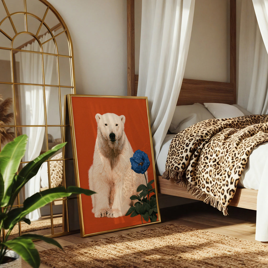 Polar Bear Blue Flower Poster, Bold Orange Wildlife Wall Art Print