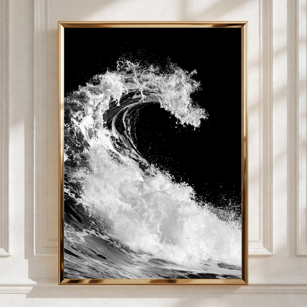 Black White Ocean Wave Poster, Dramatic Sea Photography Print, Monochrome Wall Art