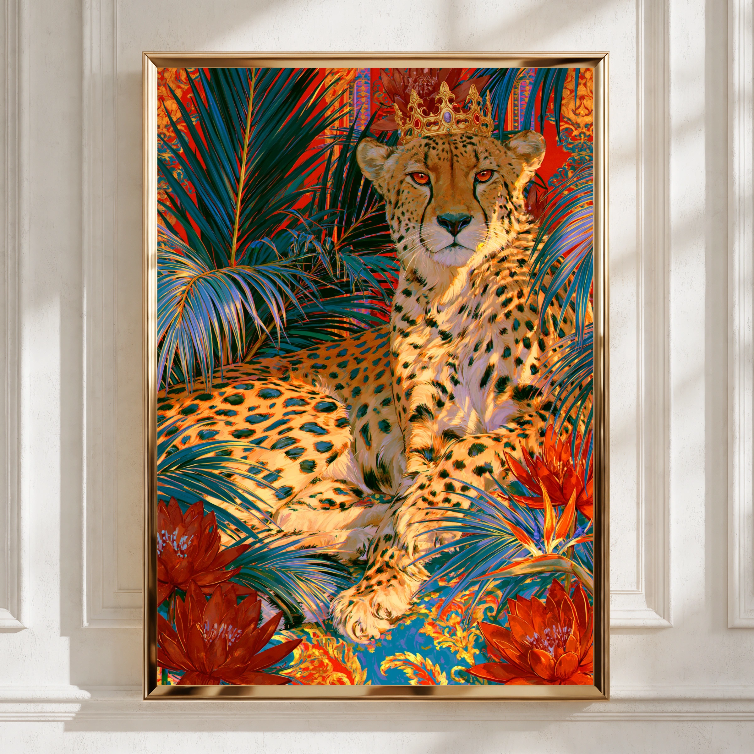 Crowned Cheetah Tropical Flowers Poster, Bold Maximalist Wall Art Print