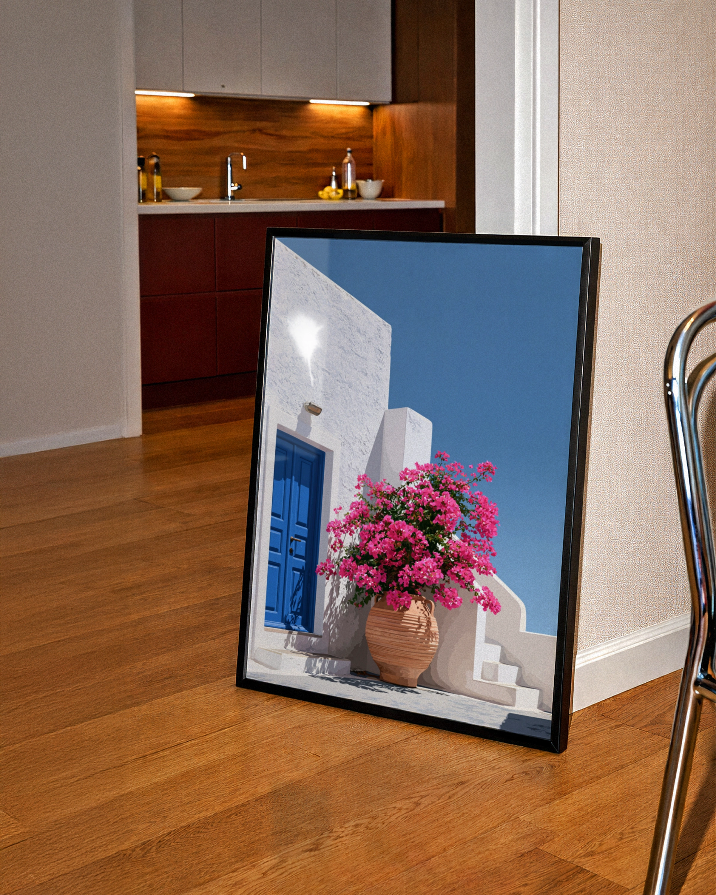 Greek Courtyard Bougainvillea Poster, Blue Door White Wall, Mediterranean Art Print