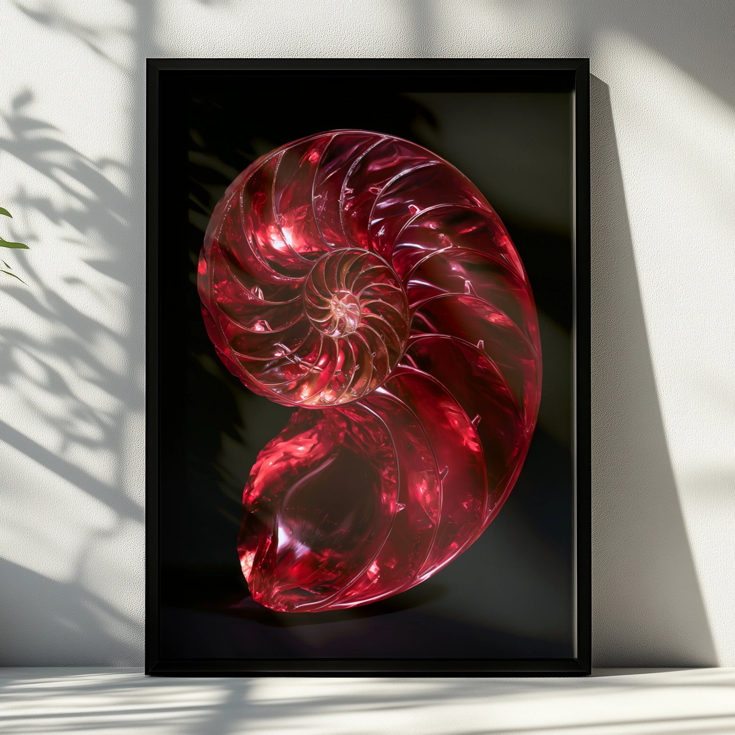 Red Nautilus Shell Poster, Spiral Fibonacci Art Print, Bold Nature Wall Art