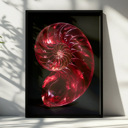 Red Nautilus Shell Poster, Spiral Fibonacci Art Print, Bold Nature Wall Art