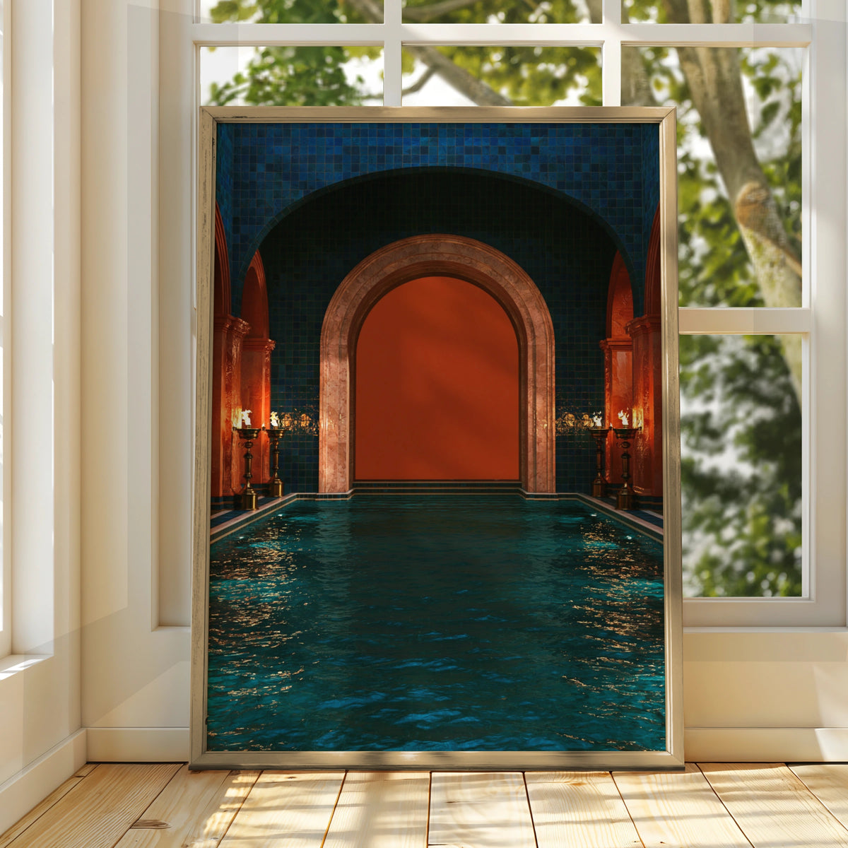Roman Frigidarium Pool Print, Ancient Bathhouse Poster, Orange Flames Art