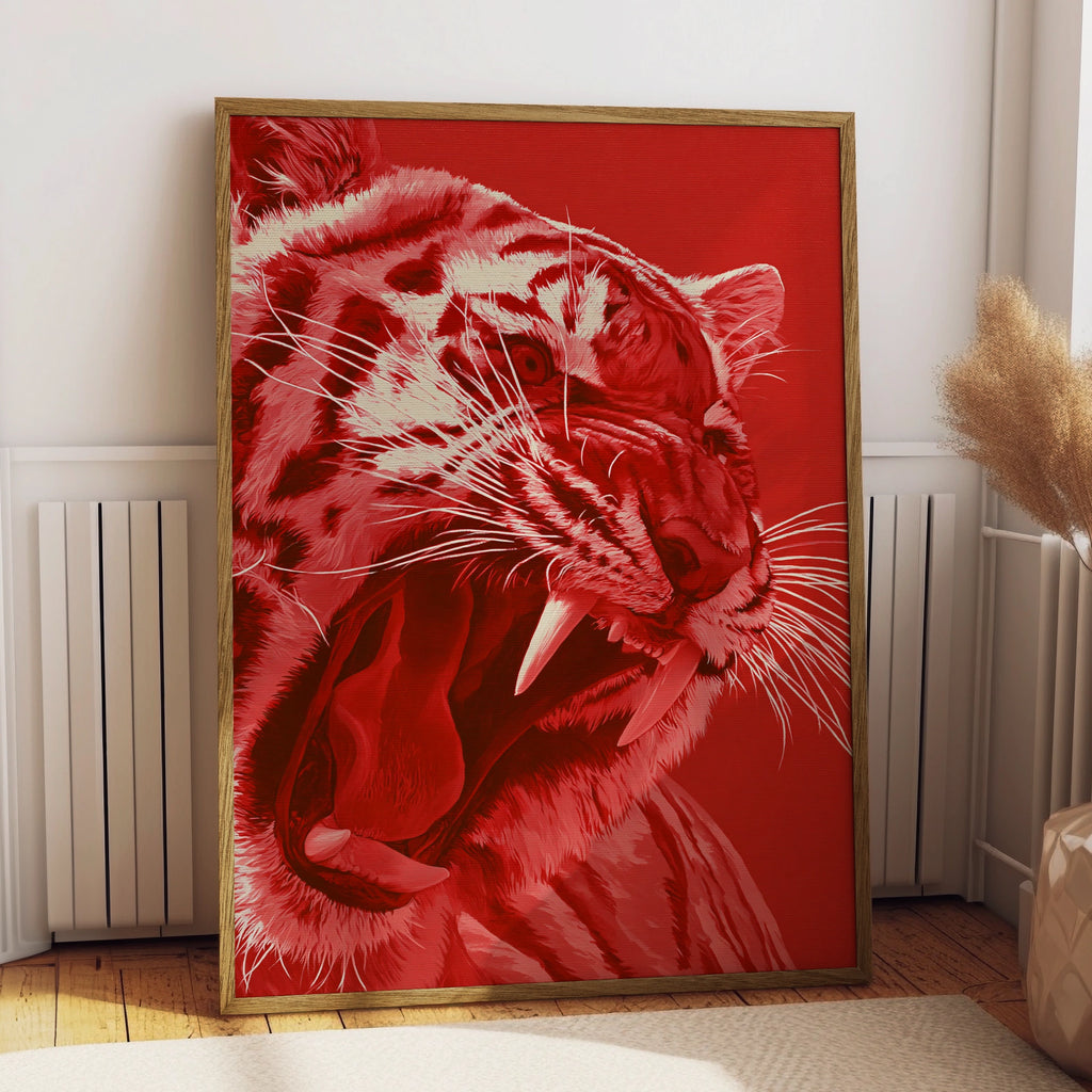Red Tiger Growling Wall Art Poster, Bold Wildlife Print, Modern Animal Art