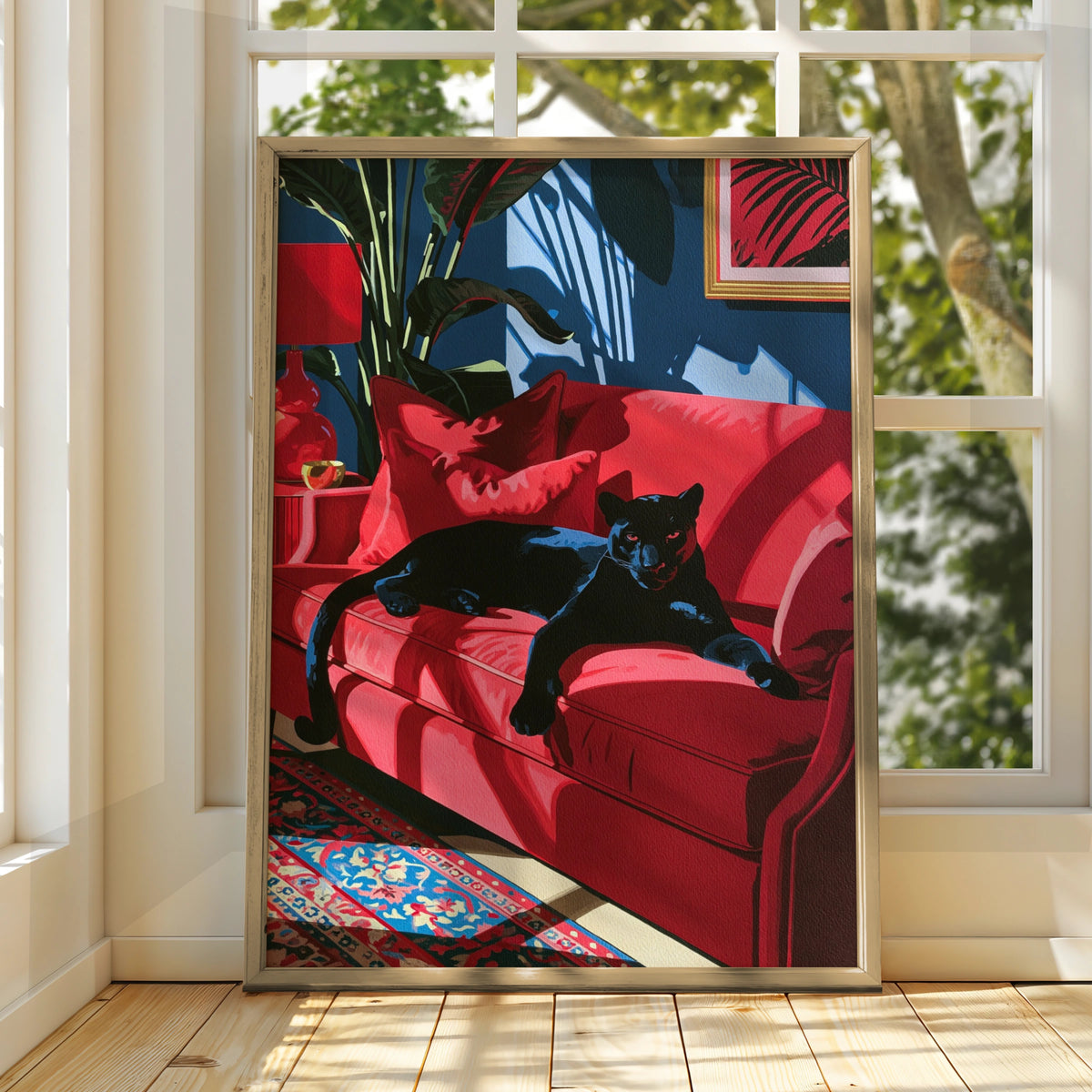 Black Panther Red Sofa Poster, Bold Animal Art Print, Maximalist Interior