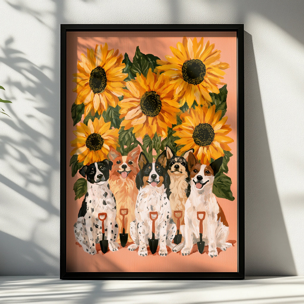Dogs & Sunflowers Poster, Cute Dog Art Print, Floral Wall Art, Illustrated