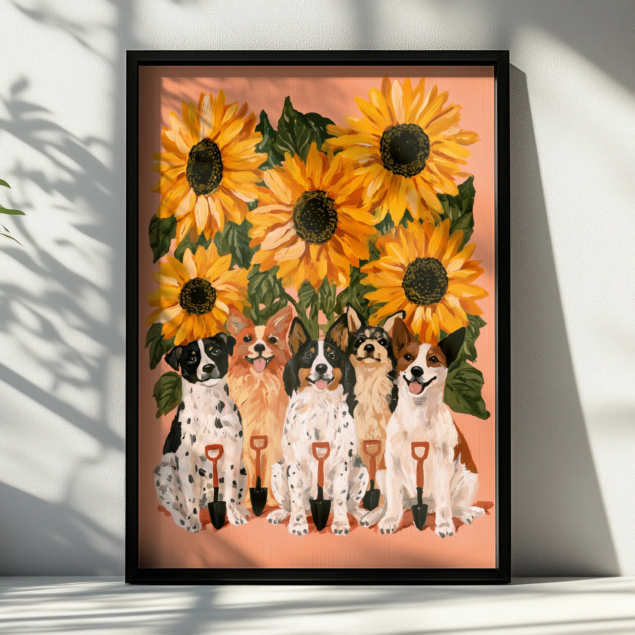 Dogs & Sunflowers Poster, Cute Dog Art Print, Floral Wall Art, Illustrated