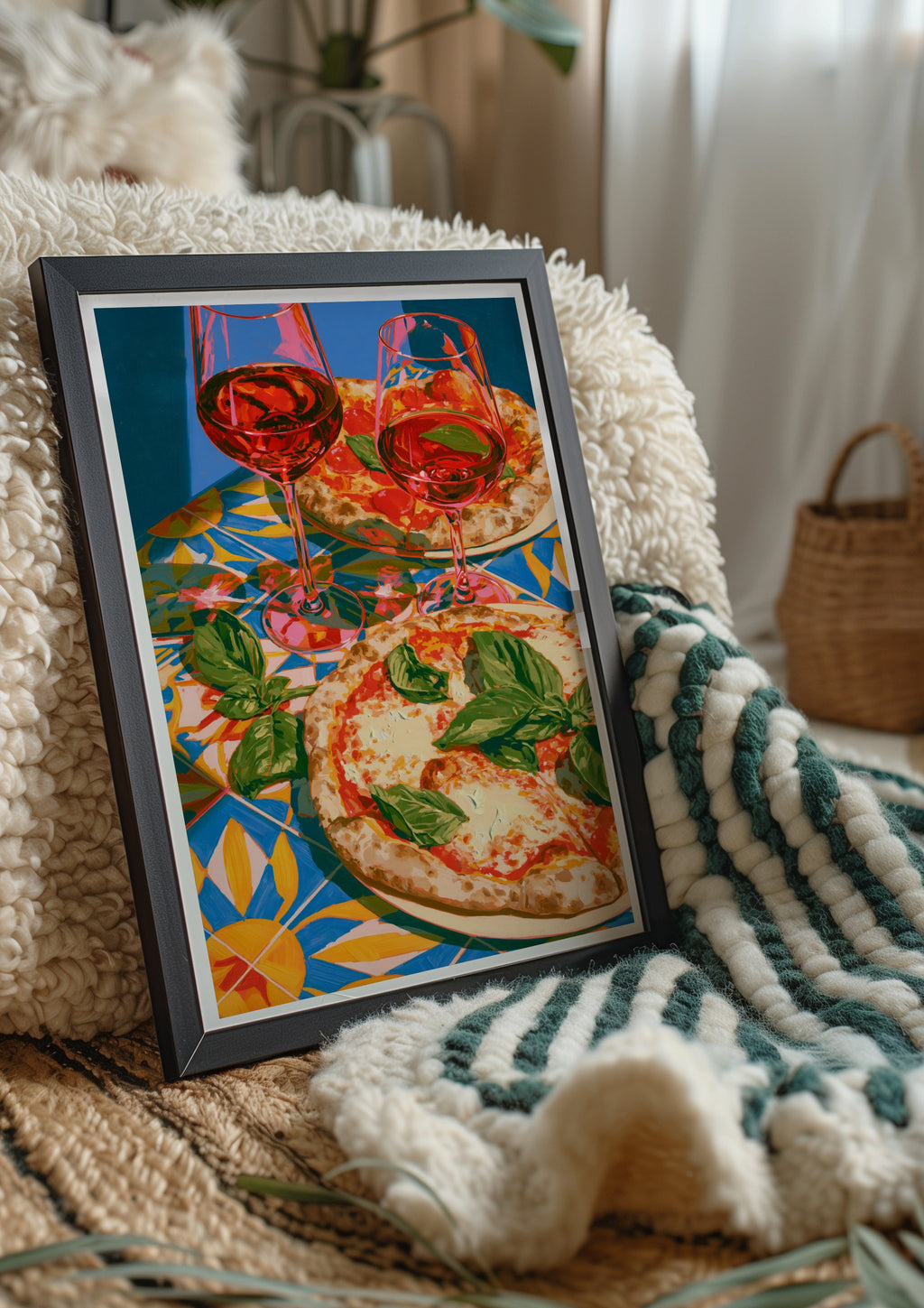 Pizza & Red Wine Poster, Italian Tiles Art Print, Colourful Kitchen Wall Art