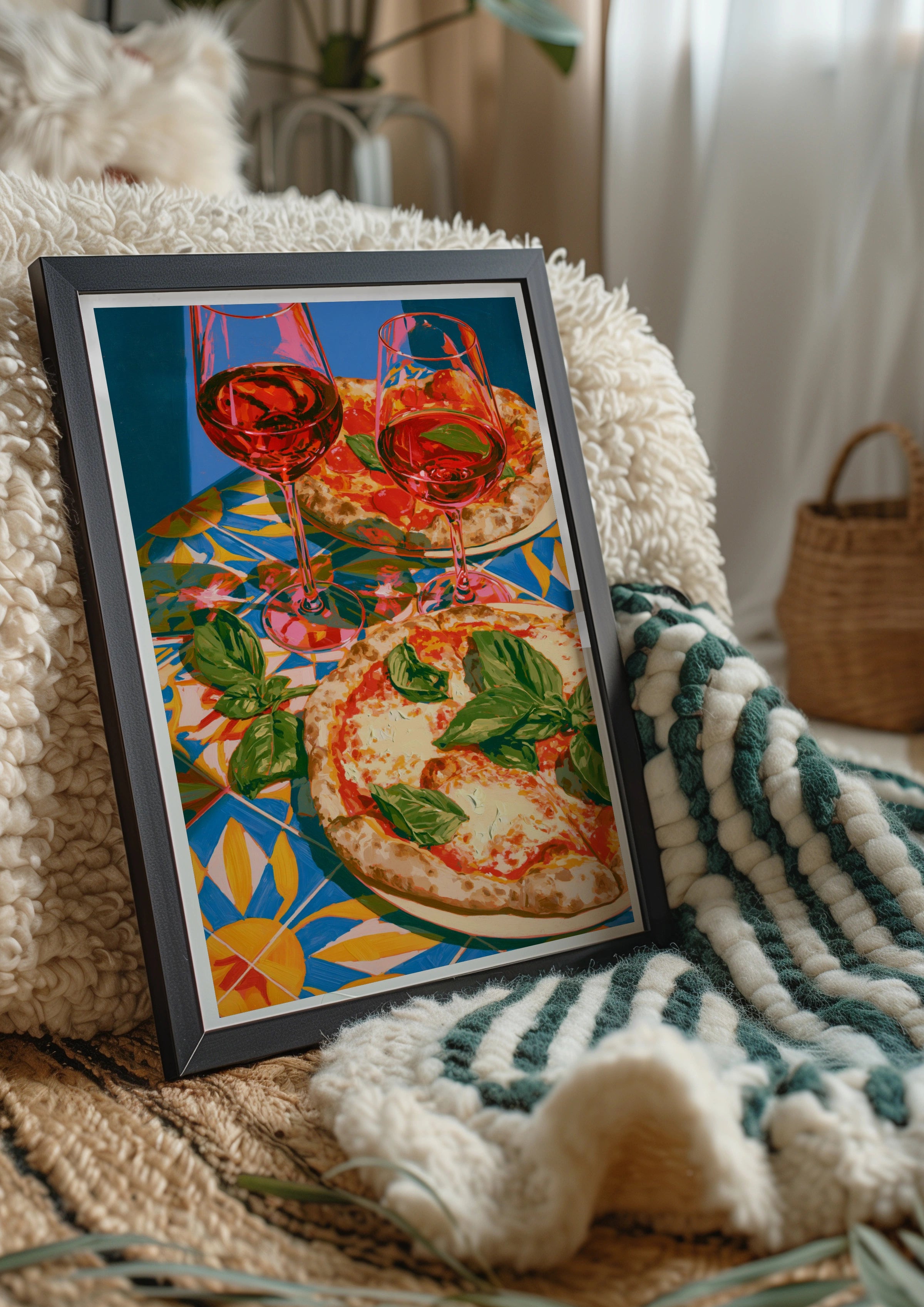 Pizza & Red Wine Poster, Italian Tiles Art Print, Colourful Kitchen Wall Art