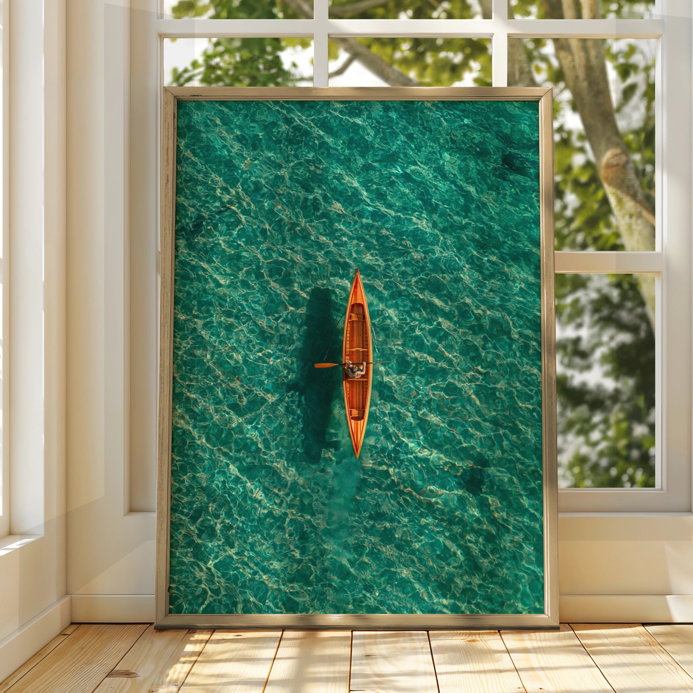 Orange Canoe Kayak Aerial View, Teal Ocean Wall Art Poster, Minimalist