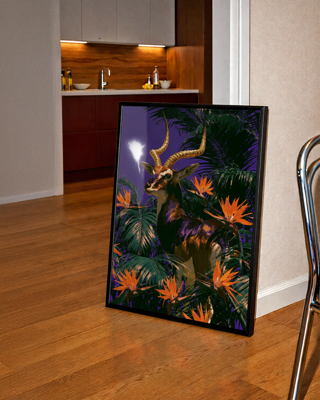 Antelope Tropical Flowers Poster, Bold Purple Wildlife Wall Art Print