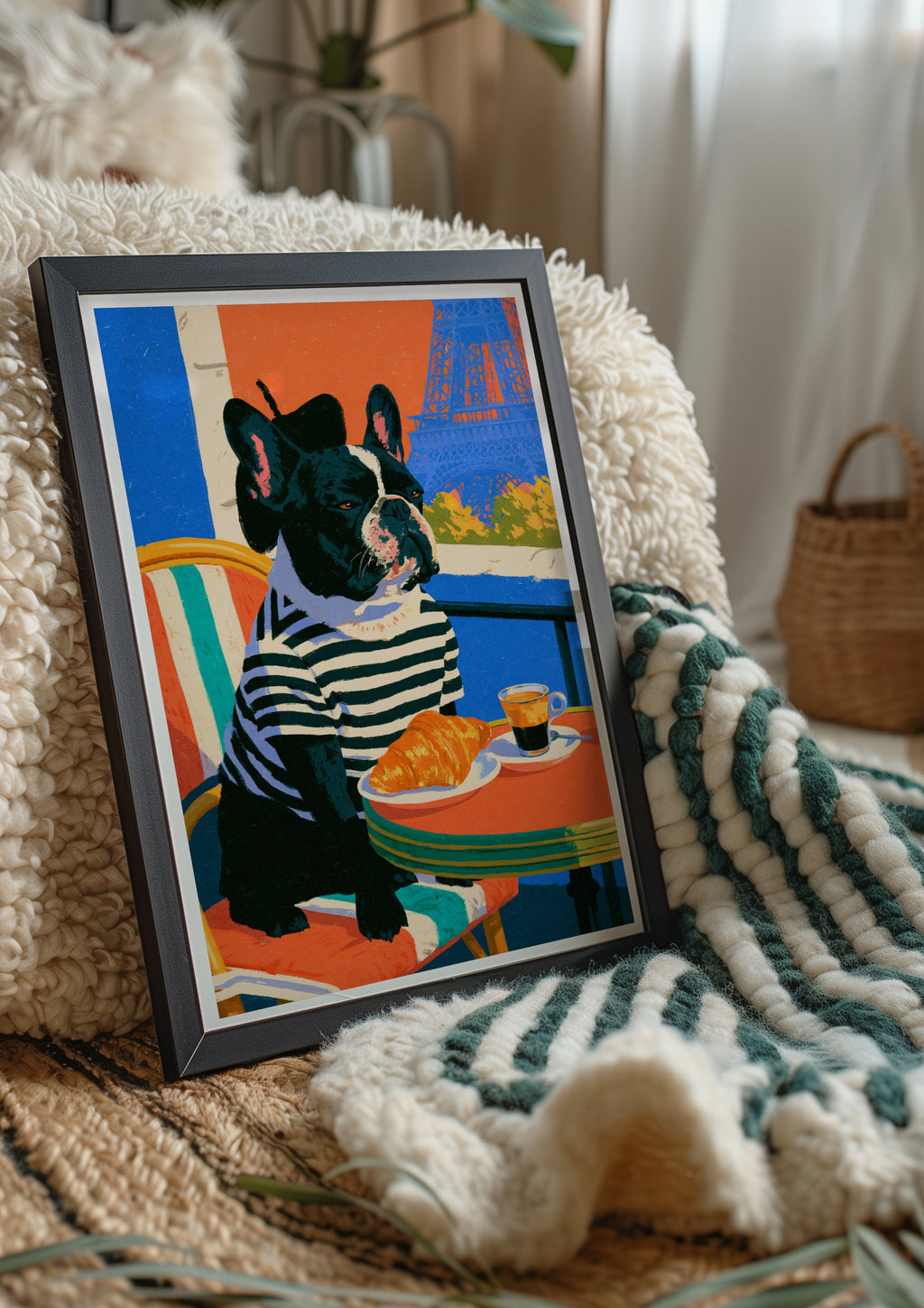 French Bulldog Paris Cafe Wall Art Poster, Eiffel Tower, Bold Colourful Print