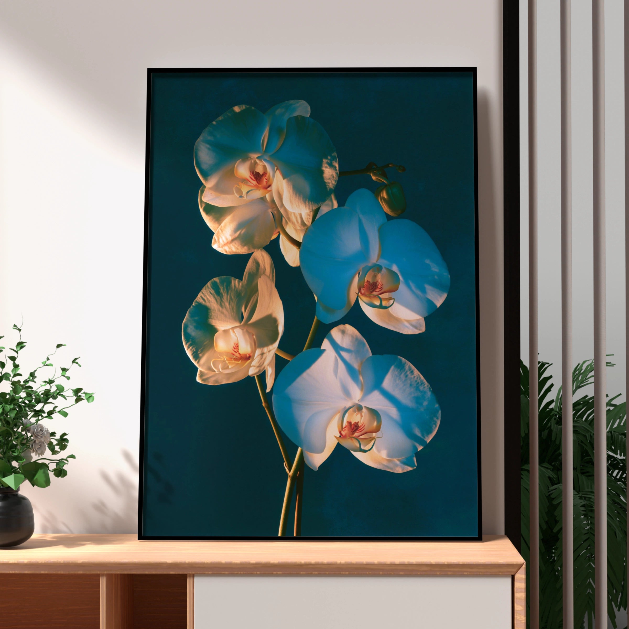 Orchid Shadow Play Botanical Poster, Teal Floral Wall Art, Moody Photo Print