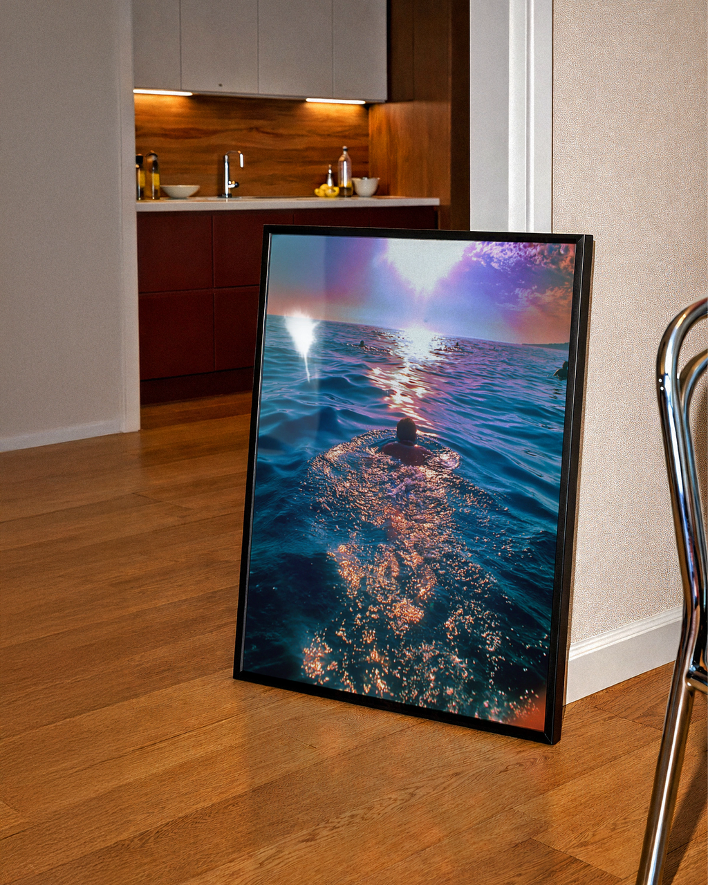 Swimming Man at Sunset Ocean Poster, Sea Swimming Wall Art, Vibrant Blue