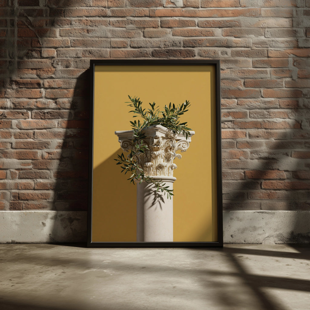 Greek Column Olive Branch Poster, Corinthian Capital Wall Art, Yellow Minimalist Print