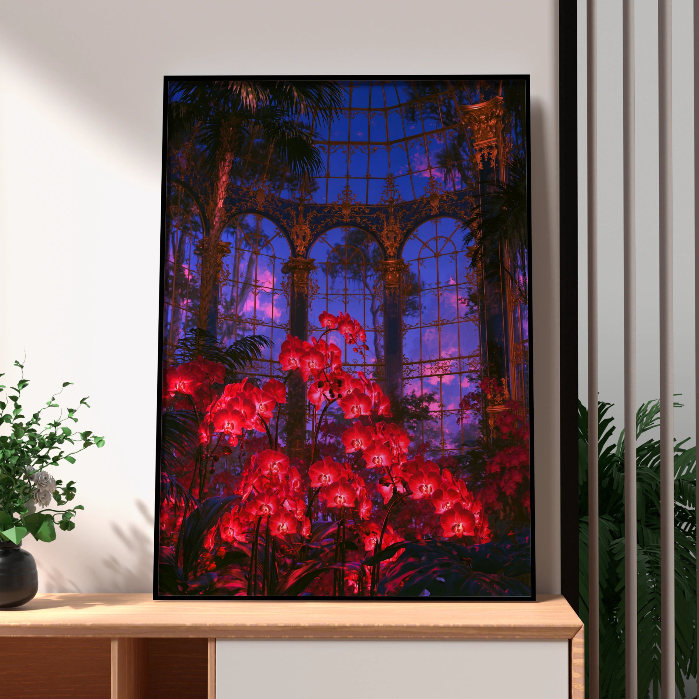 Red Orchids Glasshouse Poster, Victorian Greenhouse Art Print, Botanical Wall Art