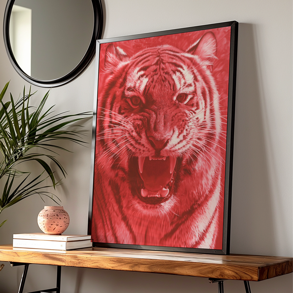 Red Tiger Growl Poster, Bold Wildlife Wall Art, Fierce Big Cat Print