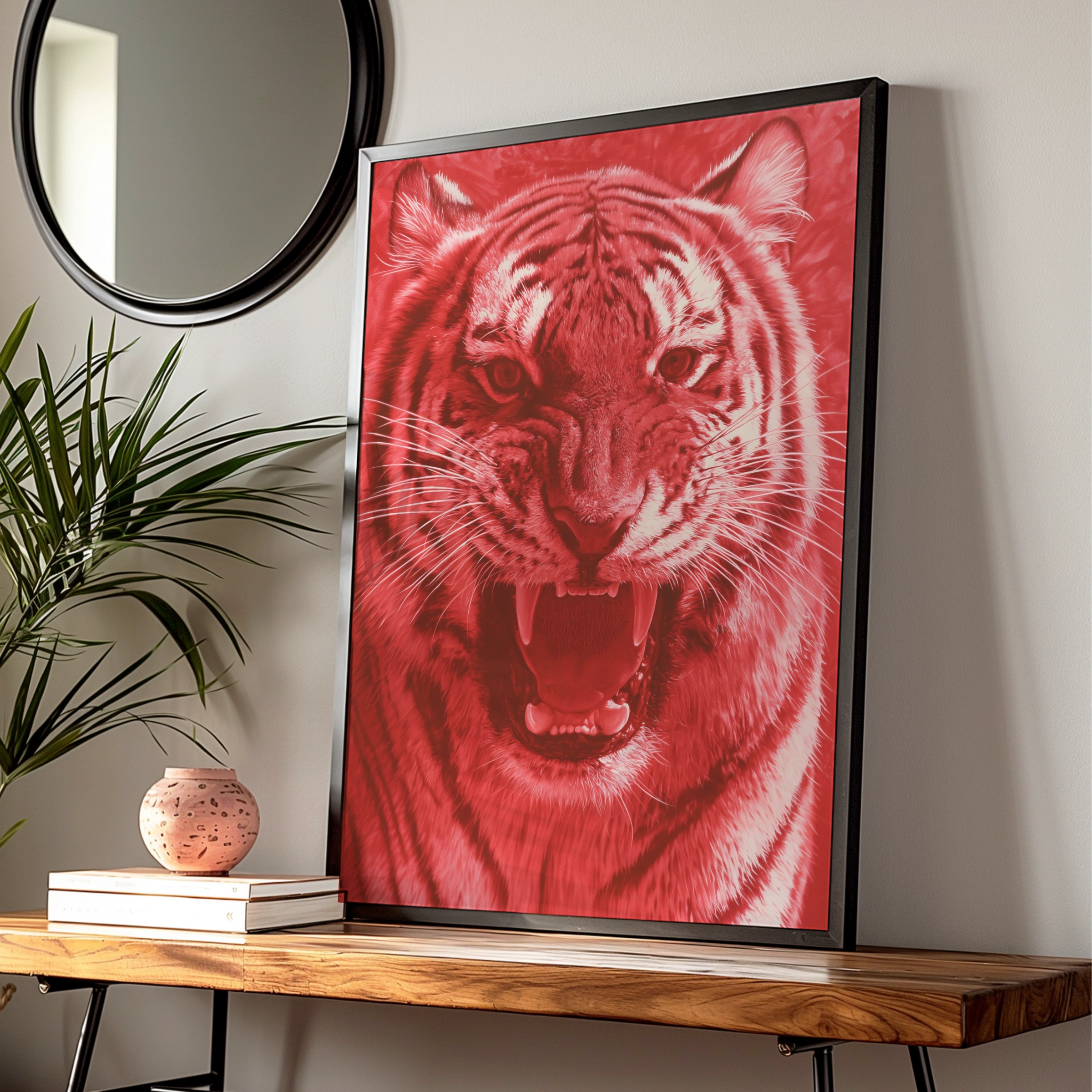 Red Tiger Growl Poster, Bold Wildlife Wall Art, Fierce Big Cat Print
