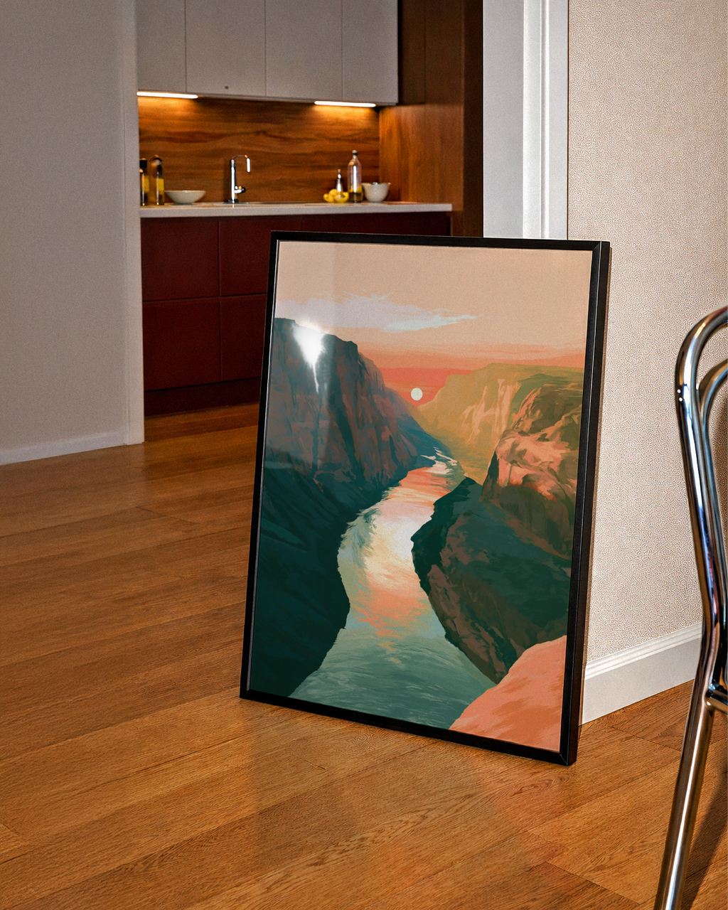 Canyon Sunset River Poster, Boho Landscape Wall Art, Terracotta Print