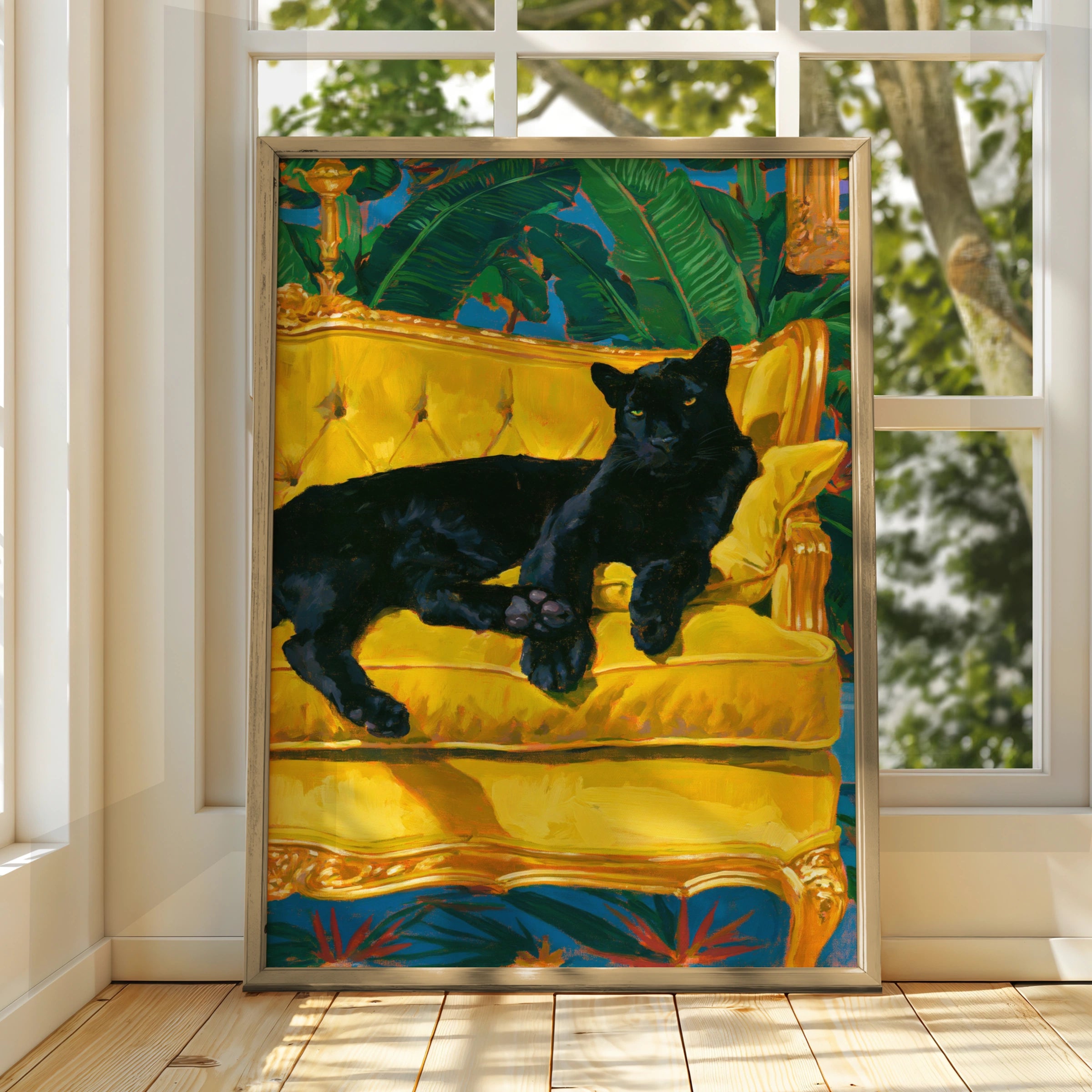 Black Panther on Yellow Sofa Wall Art Poster, Tropical Maximalist Print