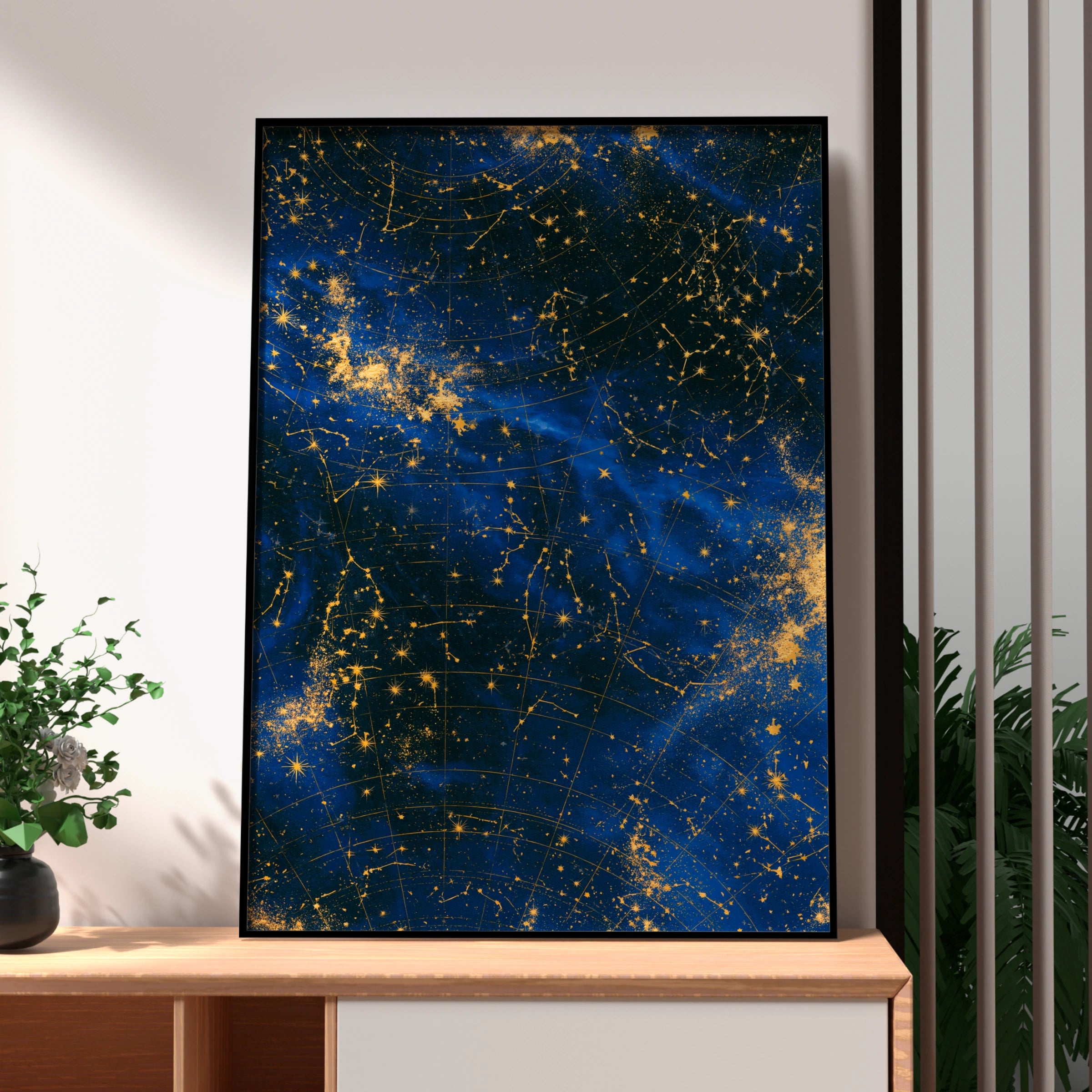 Star Galaxy Constellation Map Poster, Navy Blue Gold Night Sky Wall Art Print