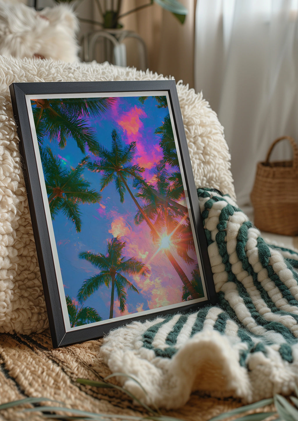 Palm Trees Sun Pink Clouds Poster, Tropical Sky Wall Art, Vibrant Sunset Print