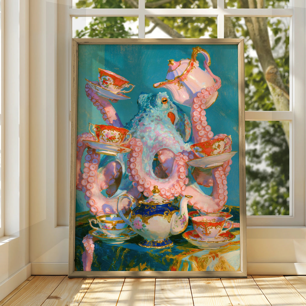 Octopus Tea Party Poster, Whimsical Animal Wall Art, Colourful Still Life Print